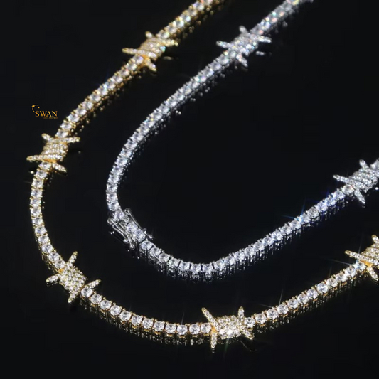 Iced Out Barbed Wire Diamond Necklace Dual Tone Tennis Chain in White and Yellow Gold Sparkling Statement Luxury Jewelry for Men and Women swandiamond