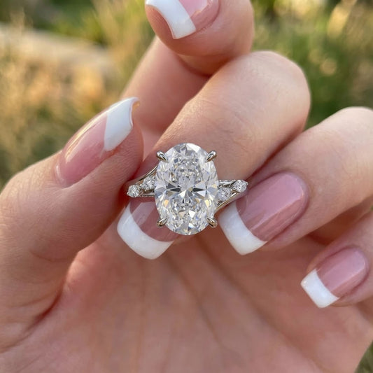 Oval Cut Lab Grown Diamond Engagement Ring White Gold Vintage Inspired Bridal Ring Diamond Accent Anniversary Jewelry