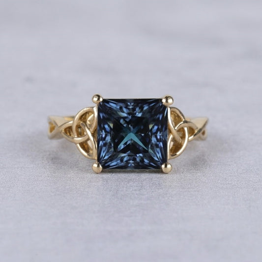Princess Cut Blue Lab Grown Diamond Ring Celtic Knot Engagement Ring Yellow Gold Unique Vintage Inspired Bridal Jewelry