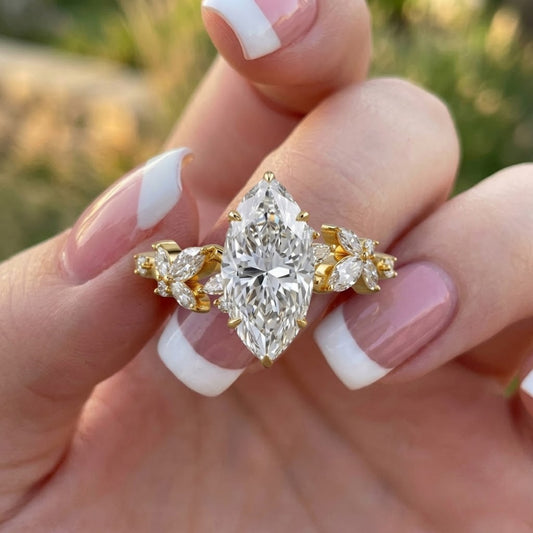 Marquise Cut Lab Grown Diamond Engagement Ring Floral Yellow Gold Nature Inspired Bridal Ring Unique Diamond Jewelry