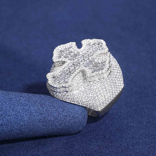 Hip Hop Iced Out Baguette Cross Ring In 925 Sterling Silver Round Cut Lab Grown Diamond Large Ring for Men Bling Rapper Jewelry