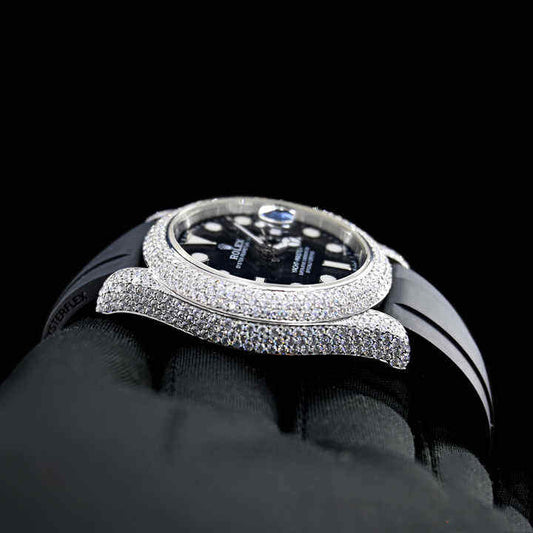 Luxury Iced Out Black Dial Diamond Watch with Rubber Strap Custom Fully Paved Bezel and Case High End Jewelry Gift swandiamond