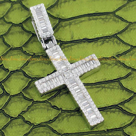 Custom 925 Sterling Silver Fully Iced Out Moissanite Round And Baguette Cut VVS Clarity Exquisite Cross Pendant