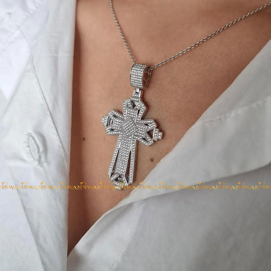 S925 Sterling Silver Jesus Cross Pendant Fully Studded With Round Cut Moissanite Diamonds In vvs Clarity