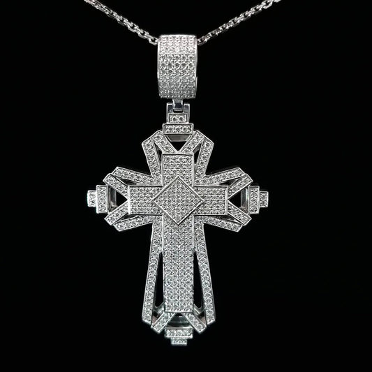 S925 Sterling Silver Jesus Cross Pendant Fully Studded With Round Cut Moissanite Diamonds In vvs Clarity