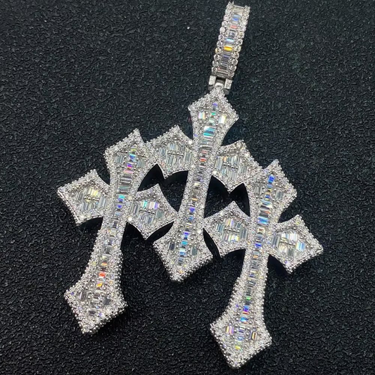 Classic 925 Silver Gold Moissanite DiamondTriple Cross Pendant Pendant & Necklace