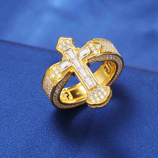 Hip Hop Baguette Iris Cross Ring Made With Round And Baguette Cut Lab Grown vvs Diamonds In 14K Gold