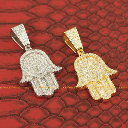 Custom Hip Hop Hamsa Pendant Studded With Round Brilliant Cut Moissanite Diamonds In 925 Sterling Silver