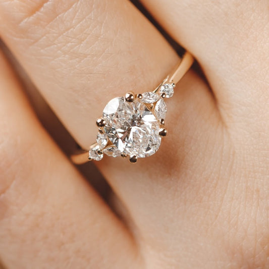 Oval Cut Mossanite Diamond Ring With Side Marquise Cut Diamonds