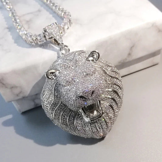 Custom Hip Hop Lion Head Pendant Studded With Round Brilliant Cut Moissanite Diamonds