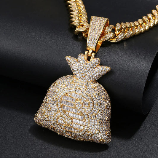 Unique Hip Hop Lucky Money Dollar Bag With Round Cut Moissanite Diamond Pendant