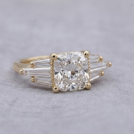 Cushion Cut Lab Grown Diamond Engagement Ring in 18K Yellow Gold with Baguette Side Stones Vintage Bridal Ring