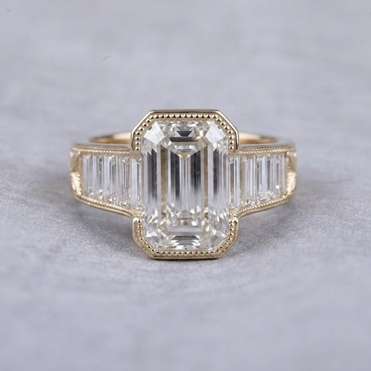 Emerald Cut Lab Grown Diamond Engagement Ring Yellow Gold Art Deco Ring Baguette Diamond Bridal Ring Vintage Style Jewelry