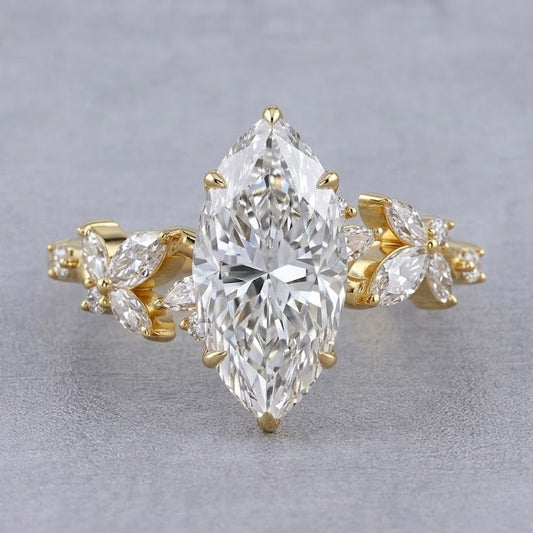 Marquise Cut Lab Grown Diamond Engagement Ring Floral Yellow Gold Nature Inspired Bridal Ring Unique Diamond Jewelry