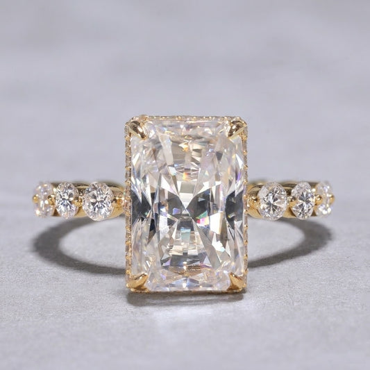 Radiant Cut Lab Grown Diamond Engagement Ring Yellow Gold Hidden Halo Ring Vintage Inspired Bridal Jewelry Gift for Her
