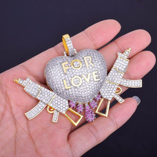 Hip Hop 3D Heart Drip With Gun Love Pendant In 925 Sterling SilverMoissanite Diamonds