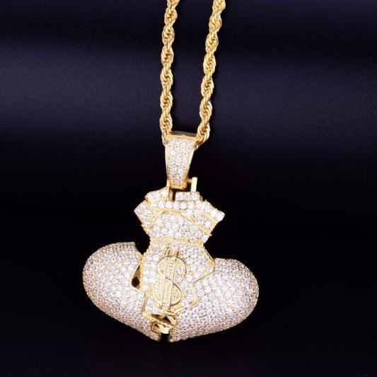 925 Sterling Silver Iced Out Broken Heart Money Bag Hip Hop Pendant