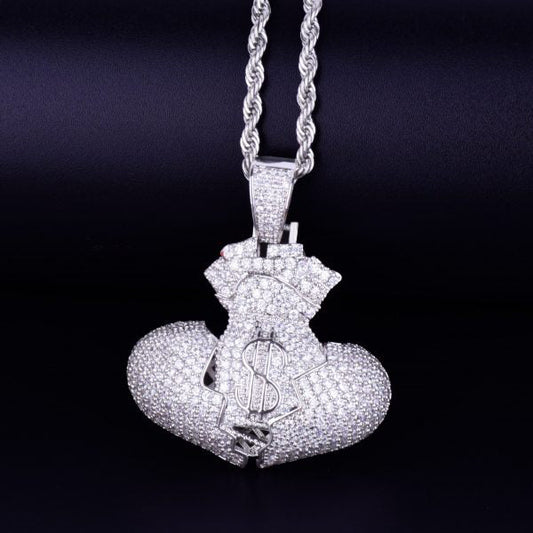 925 Sterling Silver Iced Out Broken Heart Money Bag Hip Hop Pendant