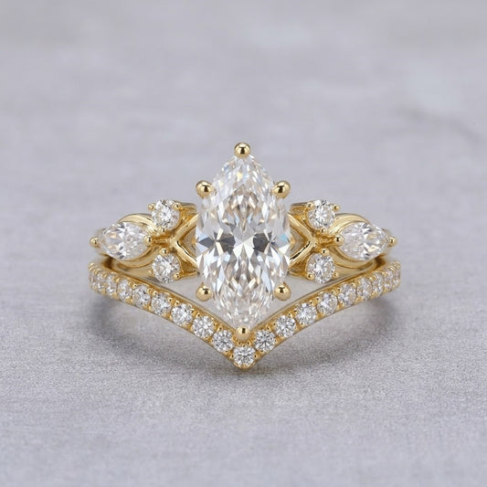 Marquise Cut Lab Grown Diamond Engagement Ring Set Yellow Gold Chevron Wedding Band Floral Bridal Ring Set for Her