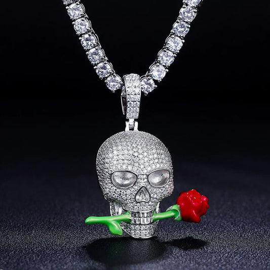 Round Brilliant Cut Moissanite Diamonds Glow In The Dark Rose Skull Pendant by swandiamond