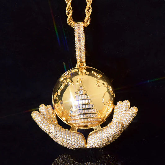 Clarity Round Brilliant Cut Moissanite Pendants In Globe In Hand Design Hip Hop Jewelry by swandiamond