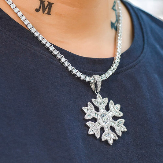 925 Sterling Silver Snowflake Necklace Iced Out Baguette Diamond Hip Hop Fashion Pendant