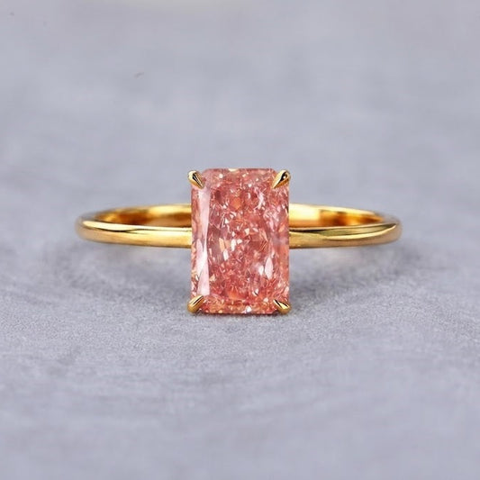 Pink Radiant Cut Lab Grown Diamond Engagement Ring Solitaire Yellow Gold Ring Minimalist Bridal Jewelry Promise Ring