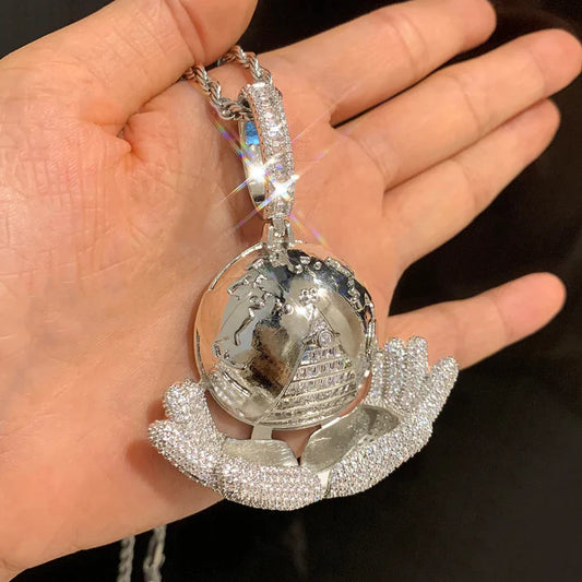 Clarity Round Brilliant Cut Moissanite Pendants In Globe In Hand Design Hip Hop Jewelry by swandiamond