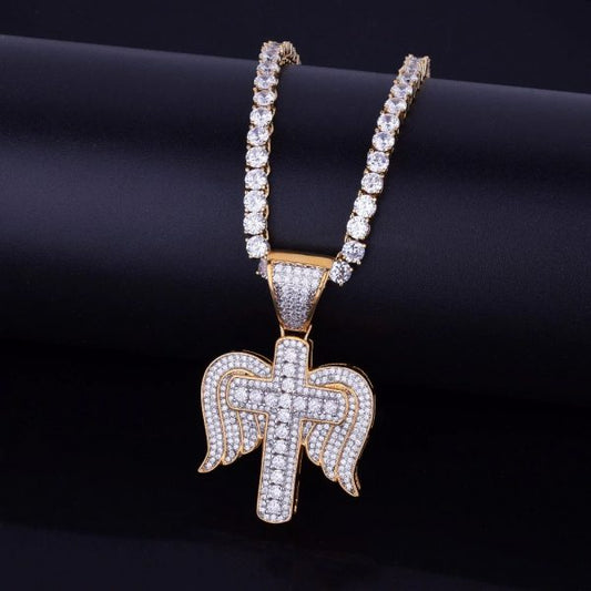 Moissanite Round Brilliant Cut Diamonds Cross Pendant With Angle Wings In 925 Sterling Silver