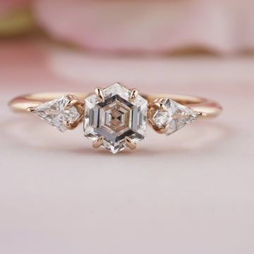 Hexagon Three stone Moissanite Diamond Ring
