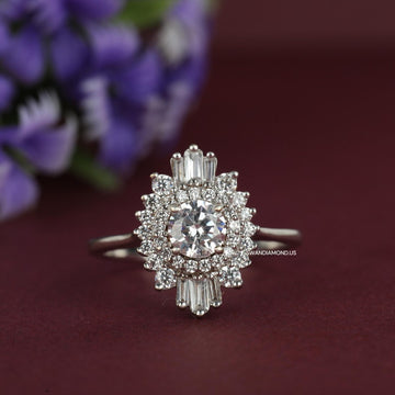 Starburst Round and Baguette cut Moissanite Engagement Ring