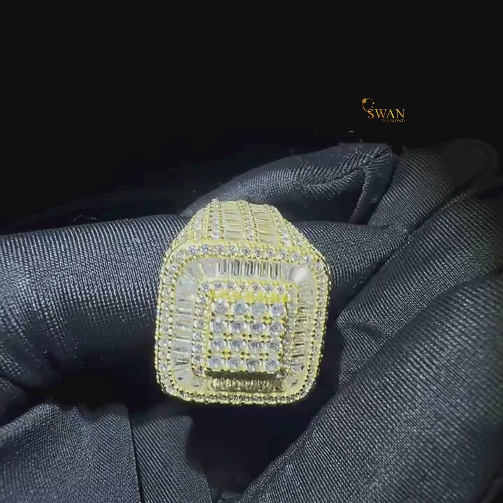Square Iced Out Hip Hop Ring Gold and Diamond Baguette Micro Pave Bling Statement Jewelry for Rappers and Streetwear Style SwanDiamond