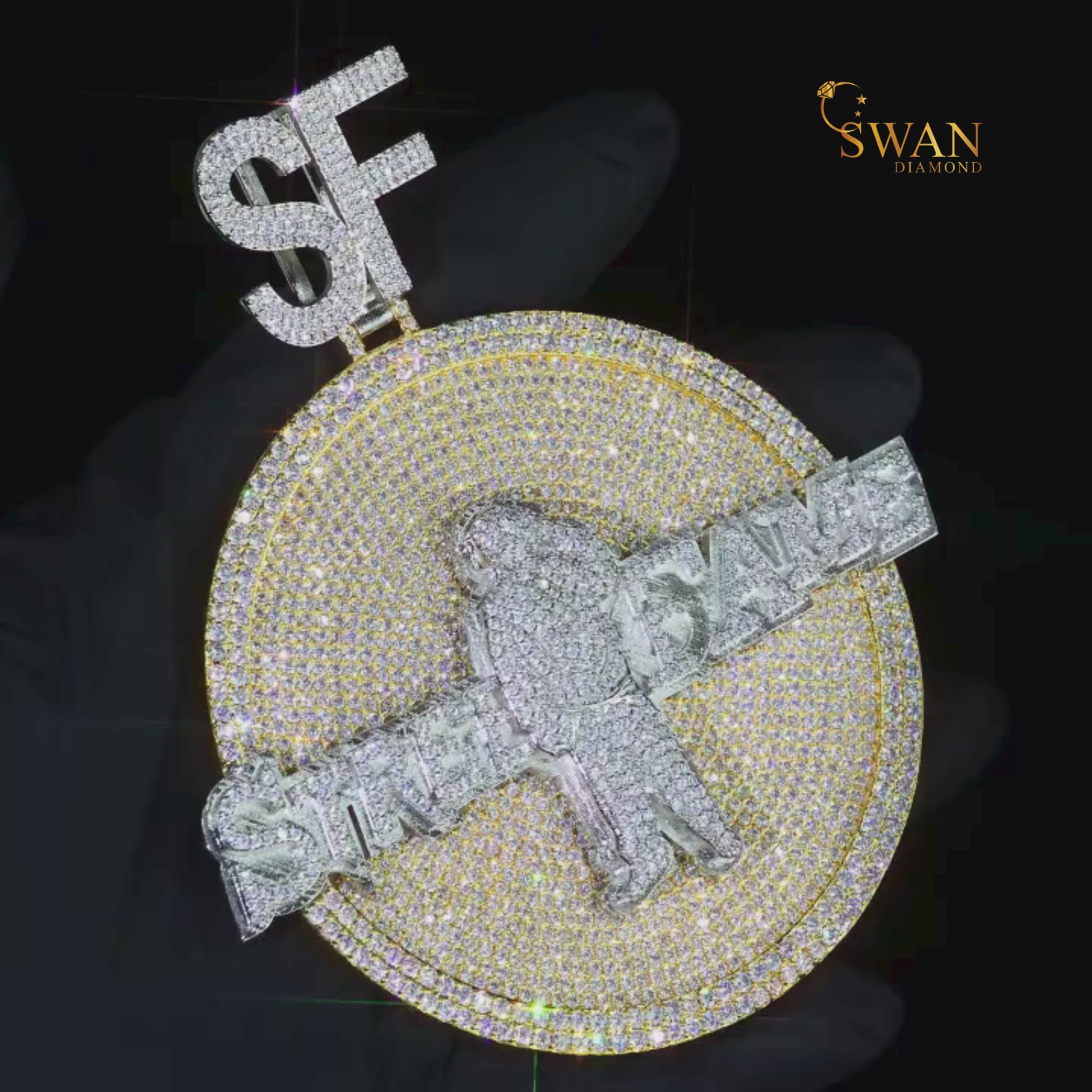 Hip Hop Custom Street Fame SF Medallion Pendant Fully Iced Out with VVS Moissanite Diamonds Luxury Gold and Silver Necklace for Men swandiamond