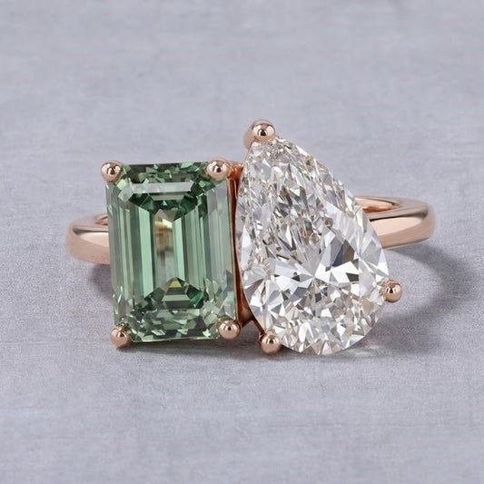 Toi Et Moi Lab Grown Diamond Ring Pear and Emerald Cut Green Diamond Engagement Ring in Rose Gold Unique Bridal Jewelry