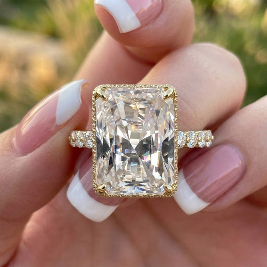 Radiant Cut Lab Grown Diamond Engagement Ring Yellow Gold Hidden Halo Ring Vintage Inspired Bridal Jewelry Gift for Her
