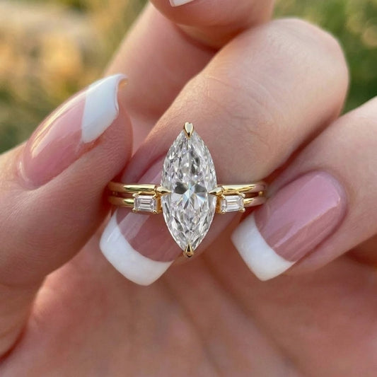 Marquise Cut Lab Grown Diamond Engagement Ring Yellow Gold Three Stone Ring Minimalist Bridal Jewelry Gift for Her