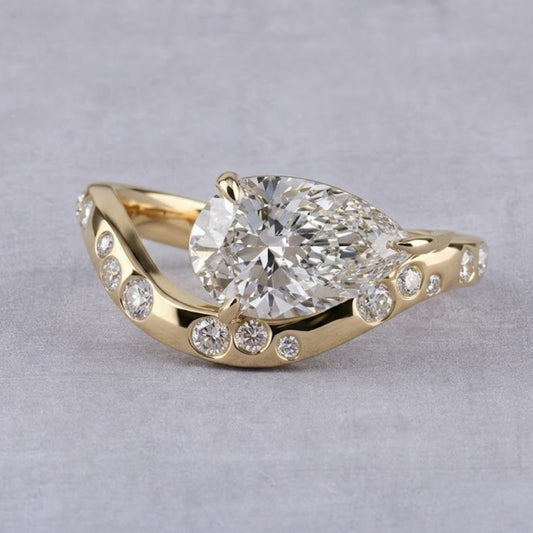 Pear Cut Lab Grown Diamond Engagement Ring in 14K Yellow Gold Bubble Band Statement Ring for Women