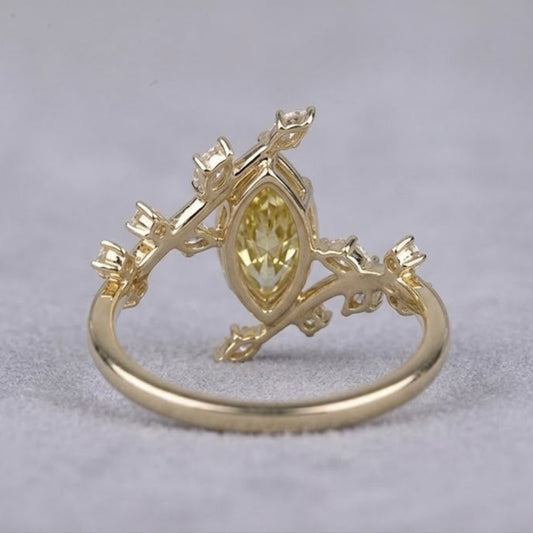 Canary Yellow Marquise Cut Lab Grown Diamond Engagement Ring Floral Leaf Ring Unique Gold Nature Inspired Bridal Jewelry for Her