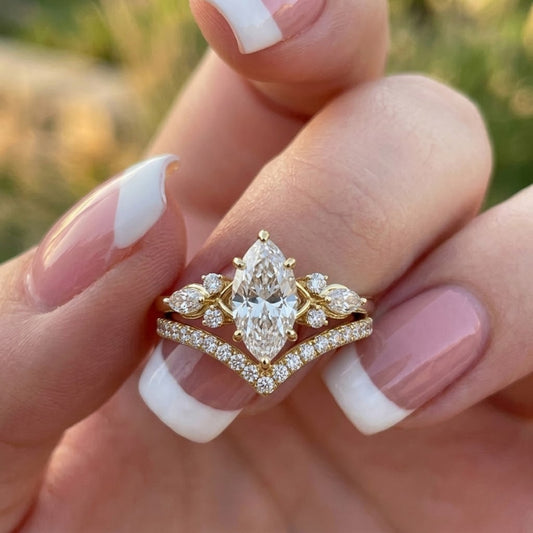 Marquise Cut Lab Grown Diamond Engagement Ring Set Yellow Gold Chevron Wedding Band Floral Bridal Ring Set for Her