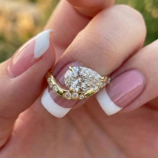 Pear Cut Lab Grown Diamond Engagement Ring in 14K Yellow Gold Bubble Band Statement Ring for Women