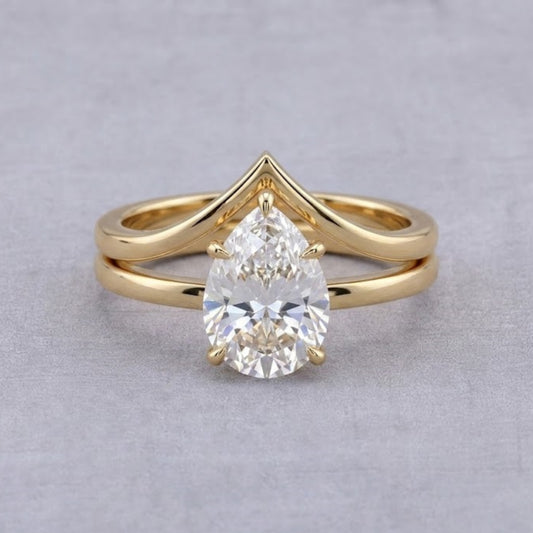 Pear Cut Lab Grown Diamond Wedding Ring Set in 14K Yellow Gold Minimalist Bridal Ring Stack for Women