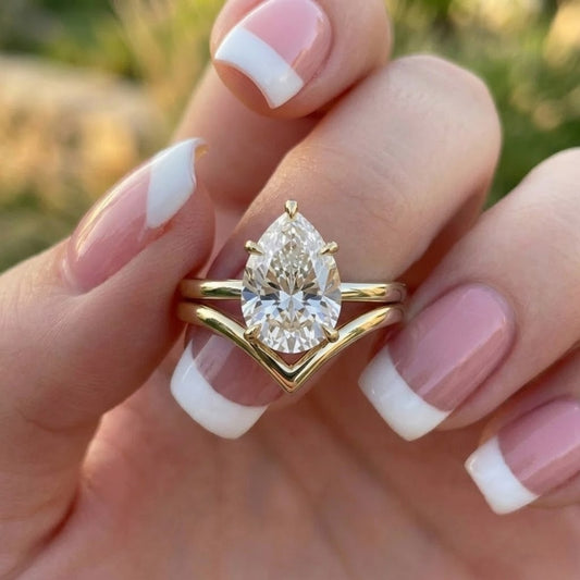 Pear Cut Lab Grown Diamond Wedding Ring Set in 14K Yellow Gold Minimalist Bridal Ring Stack for Women