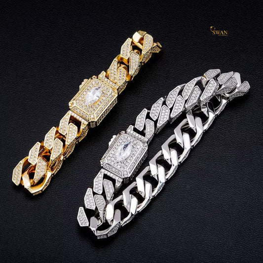 Luxury Gold and Silver Diamond Cuban Link Bracelet with Iced Out Watch Style Clasp High Quality Hip Hop Jewelry for Men and Women swandiamond