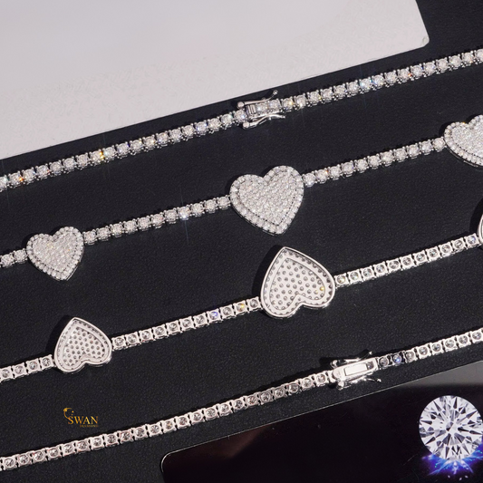 Heart Design Diamond Tennis Necklace in White Gold Sparkling Pave Heart Accents Iced Out Jewelry for Men and Women swandiamond
