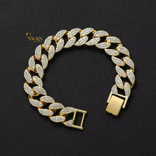 Gold Cuban Link Diamond Bracelet Full Iced Out Luxury Hip Hop Jewelry Sparkling Pave Statement Piece for Men and Women swandiamond