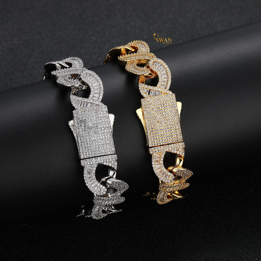 Cuban Link Diamond Bracelet Gold Plated with High Shine Baguette and Round Stones Fully Pave Set Luxury Statement Jewelry
