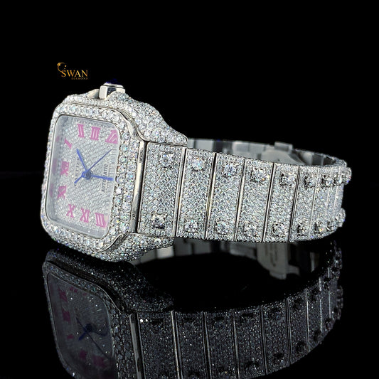 Custom Cartier Style Diamond Watch with Pink Roman Dial and Fully Paved Silver Bracelet Luxury SwanDiamond Collection
