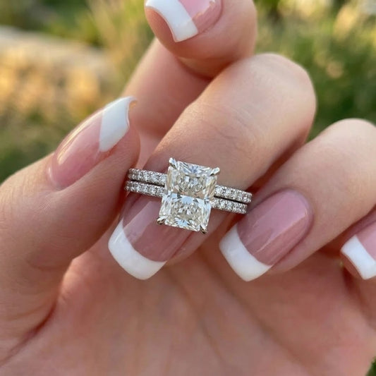 Radiant Cut Lab Grown Diamond Engagement Ring Set in 18K White Gold Double Pave Bridal Ring Wedding Set for Women