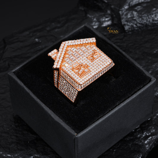 Custom Trap House Hip Hop Ring Iced Out & Rose Gold and Diamond Baguette Bling Statement Jewelry for Rappers and Street Kings SwanDiamond