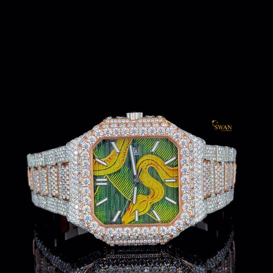 Luxury Iced Out Diamond Watch Two Tone Rose and Silver Snake Design Green Dial Automatic Custom Hip Hop Jewelry Statement swan diamond